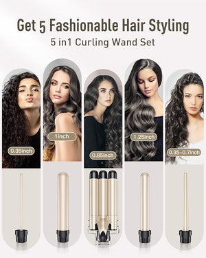 Waver Curling Iron Curling Wand - BESTOPE PRO 5 in 1 Curling Wand Set with 3 Barrel Hair Crimper for Women Fast Heating Crimper Wand Curler in All Hair Type Women Gifts - Gold
