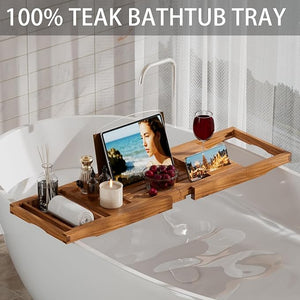 Premium Teak Bathtub Tray Caddy Expandable Wooden Bath Tray for TubLuxury Bathroom AccessoriesGreat House Warming Anniversary &amp Wedding and Birthday Gifts