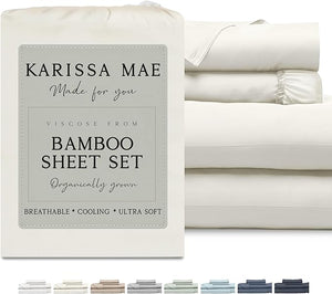 KARISSA MAE Cooling Bamboo Viscose Cal King Sheet Set | 100% Organically Grown | 18¡± Deep Pocket | Silky Soft &amp Hypoallergenic | with Organizer Band &amp Elastic Corner Straps [Ivory]