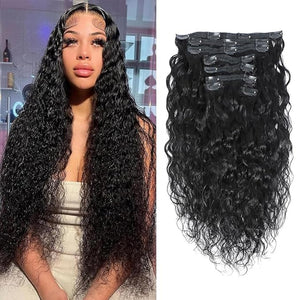 Water Wave Clip in Hair Extensions Real Human Hair Brazilian Virgin Human Hair Clip in Extensions for Women 8Pcs Remy Hair with 18Clips 120g 20inch Natural Black