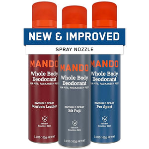 Mando Whole Body Deodorant For Men - Invisible Spray Deodorant - 72 Hour Odor Control - Low Irritation Formula - Aluminum Free Benzene Free - 3.6 ounce - 3pk - Bourbon Leather Mt Fuji Pro Sport