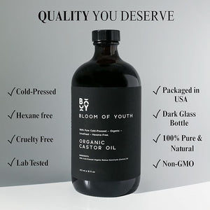 100% Pure Cold Pressed Organic Castor Oil, Glass Bottle 16oz | Hexane Free, Unrefined, USDA Certified | For Hair Growth, Skincare, Castor Oil Pack, Face, Joints, Carrier Oil, Eyelashes, Eyebrows