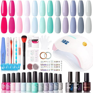 Gellen Gel Nail Polish Kit with U V LED Light 72W Nail Dryer, 12 Trendy Colors Nail Gel Polish, No Wipe Top Base Coat, Nail Art Decorations, Manicure Tools, All-In-One Manicure Kit, Bright and Pastels