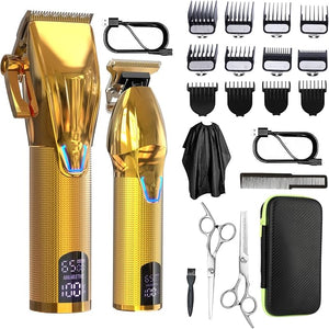 Cordless Hair Clippers for Men,Professional Hair Clippers Trimmer Kit,Barber Fading Clipper and Zero Gap T-Blade Trimmer Set with LED Display for Mens Gifts(Gold)