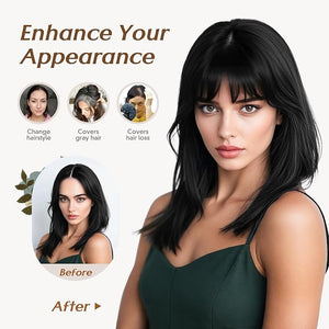 Rich Choices Real Human Hair Toppers for Women 3D Cover Clip in Bangs 100% Remy Human Clip in Silk Base Hair Topper with Bang for Thinning 150% Density 10 Inch #01 Jet Black