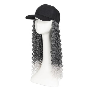 TESS Black Baseball Cap with 20'' Long Coily Synthetic Hair Extensions for Women and Girls - Adjustable &amp; Breathable Wig Cap for Daily Use, Outdoor Activities