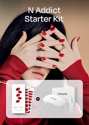 ohora Bundle Set (N Addict Starter Kit) - Red Solid Gel Nail Strips with UV/LED Lamp and Mini Remover, Salon-Quality, Long Lasting, Easy to Apply &amp; Remove - Includes Prep Pads, Nail File, Wooden S