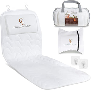 Full Body Bath Pillow (17'' x 49'') - Bathtub Cushion with Headrest Supports Neck Back and Legs - Free Hanging Hooks for Fast Drying Over Tub - Includes Washing and Travel Bags - White