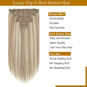 Loxxy 20Inch Hair Extensions Clip ins Natural Human Hair Clip in Extaensions Omber 18 Ash Blonde to 613 Highlights Platinum Blonde Lace Real Clip in Hair Extensions for Daily 140grams