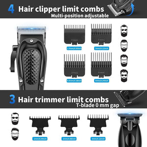 HIENA PRO Hair Clippers for Men Professional Cordless Barber Clipper &amp T-Blade Beard/Hair Trimmer Set Electric Razor Foil Shaver Nose Trimmer Barber Kit Men's Hair Cutting Kit (212 Set)