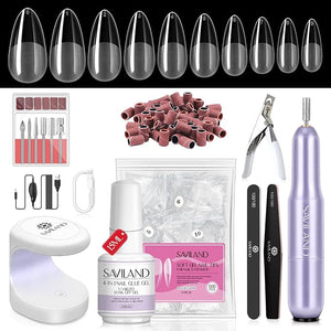 SAVILAND Almond Gel Nail Kit: Nail Drill Kit U V Lamp for Nails 500PCS Almond Nail Tips Gel Nail X Kits Nail Glue Easy Use Manicure Tool Extension Set DIY At Home Salon Gift for Women