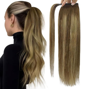 Full Shine Human Hair Ponytail Extension Dark Brown Highlight Honey Blonde mixed Dark Brown Ponytail Clip on Hair Extension for Women 14Inch 70g