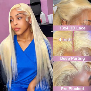 Myecool 613 Lace Front Wig Human Hair 13x4 HD Transparent Straight 150% Density Blonde Lace Frontal Human Hair Wigs Pre Plucked With Baby Hair for Women(24Inch Blonde)