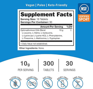 OptimalAmino Tablets (300 Count) | 99% Utilized Essential Amino Acid (EAA) Supplement Increase Muscle Recovery BCAA Protein Pre/Post Workout | NSF Certified for Sport¢ç Certified