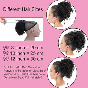 VADES Human Hair Drawstring Ponytail for Black Women Kinky Ponytail Clip in Hair Extension 100% Brazilian Virgin Human Hair Curly Ponytail Drawstring #1 Jet Black 12 inch With 3 Stable Combs