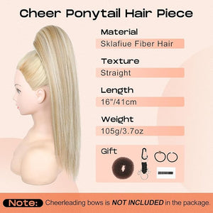 SEIKEA Cheer Ponytail Hair Piece 16 Straight Cheerleader Hairpiece Ponytail Extension for Cheerleader Competition Dance Ash Blonde with Light Blonde Highlights