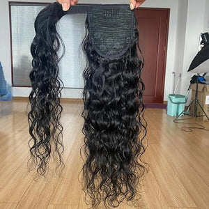 Water Wave Ponytail Extensions Human Hair Magic Paste Curly Wave Natural Black Ponytail Brazilian Wrap Around Pony Hair Extensions Remy Human Hair 14 Inch