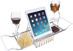 iPEGTOP Stainless Steel Bathtub Caddy Tray - Over Bath Tub Racks Shower Organizer with Extending Sides Removable Wine Glass Book Holder