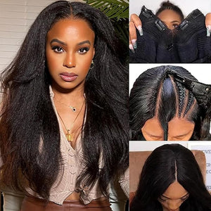 V Part Wig Human Hair Kinky Straight Human Hair Wigs Upgrade U Part Human Hair Wig for Women No Leave Out No Sew In 200% Density Natural Color 28 Inch