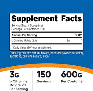 Nutricost L-Citrulline Malate 2:1 (600g) Fruit Punch - Workout Support Muscle Performance Nitric Oxide Booster - Fitness Supplement Powder 75 Servings
