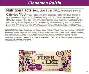 NuGo Fiber d'Lish Cinnamon Raisin 12g High Fiber Vegan 150 Calories 16 Count