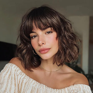 Short Dark Brown Wig with Highlight Wigs for Women Brown Mixed Gold Wig Highlights with Bangs Medium Length Synthetic Hair Wavy Bob Wig Colorful Wigs£¨14 Inches£©