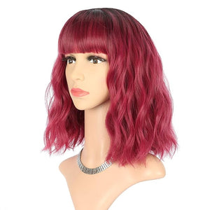FAELBATY Short Wave Bob pink Wig With Bangs Synthetic Ombre Pink Cosplay Wig for women Halloween Wig Costume Wigs (12" Ombre Dark Red Color)