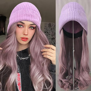 Women Winter Beanie Hat with Big Wavy Curly Hair Knit Attached ski snow Cap wig