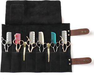 Salon Scissors Bag Roll Up 12 Pockets Genuine Leather Stylist Grooming Scissors Holder Barber Hair Scissor Shears Cases for Hairdressers (HJ-ZP011-Black)