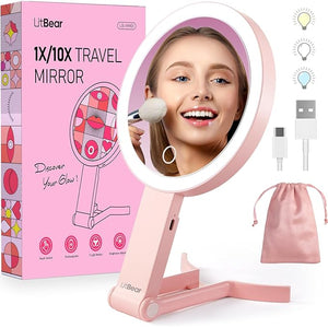 LitBear Travel Makeup Mirror with Lights Rechargeable Double-Sided 10X/1X Magnifying Mirror Portable Lighted Beauty Mirror 3 Color Lighting Dimmable Touch Screen Tabletop Handhold Hanging (Pink)