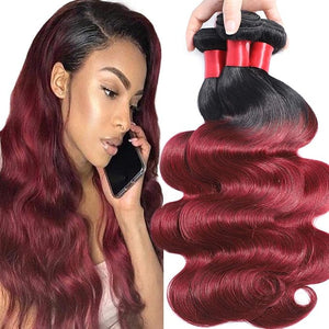 Ombre Human Hair Bundles 1b/99j Two Tone Brazilian Virgin Body Wave Human Hair Ombre 3 Bundles 10 12 14inch Weaves Extensions for Women 100% Unprocessed Bundles