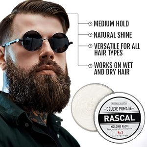 Original Rascal Deluxe Pomade for Men #3 - Matte Molding Hair Paste with Medium Hold &amp; High Shine - Men's Styling Care Solution Product for All Hair Types - Natural Infused with Beeswax &amp; Mine