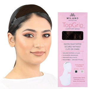 MILANO COLLECTION Glueless Top Grip for Hair Topper &amp Wiglets Adjustable Translucent Strap with Side Openings Top Headband for Your Wig or Topper Includes Clips Brown Small