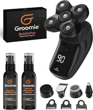 GROOMIE No Hair Don't Care Bundle - 5D BaldiePro Electric Head Shavers for Bald Men Natural Pre-Shave Oil to Promote Close Shave &amp Natural Aftershave Serum - Mens Head Shaver Kit w/Electric Raz