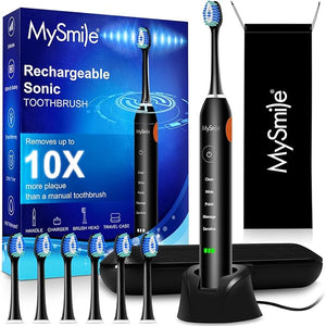 MySmile UC605 Electric Toothbrush for Adults Rechargeable Sonic Electronic Toothbrush with 6 Brush Heads and Travel Case 2 Mins 5 Modes Smart Timer 48000VPM (Black)