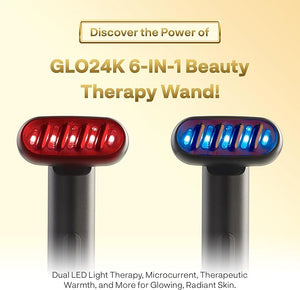 GLO24K 6-IN-1 Beauty Therapy Wand for the Face Eyes and Neck. Based on Dual LED Light Therapy Thermal Vibration and Micro-Current Technologies.Skin Rejuvenation