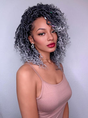 Ombre Grey Goddess Faux Locs Crochet Hair for Women 8 Inch Pre Looped Soft River Locs Braids with Curly Ends 6 Packs Boho Hippie Synthetic Hair Extensions 1b/grey