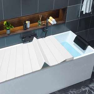 63x32in Bath Lid Cover Bathtub Tray Foldable Bathtub Cover Bath Insulation Cover PVC Dustproof Shutter Bath Lid fit Most Tubs Can Hold Wine Glass Books Tablets Cellphones