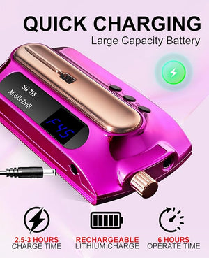 LimeGirl Nail Drill Professional 45000RPM Electric Nail File for Acrylic Nails Gel Nails with 11-in-1 Nail Drill Bits for Fast Polishing Manicure Pedicure Rechargeable Hand Foot Care Tool (Pink)