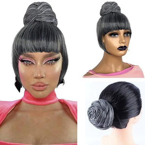 Bun and Bang Set 2 Piece - Quick Clip in Salt and Pepper Grey Braided Bun with Bang M Size Updo Braid Chignon Scrunchie Hair Piece for Black Women