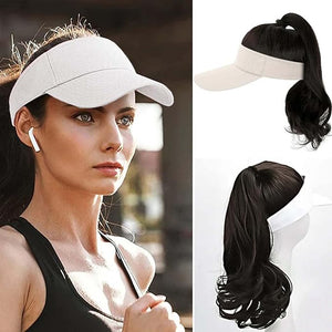 Visor Hat Wig for Women Baseball Cap Wig with Curly Synthetic Hair Extensions Ponytail Cap Wig Sun Hat with Hair Wig