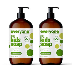 Everyone 3-in-1 Kids Soap Body Wash Bubble Bath Shampoo 32 Ounce (Pack of 2) Tropical Coconut made with Essential Oils for Toddlers tweens and teens