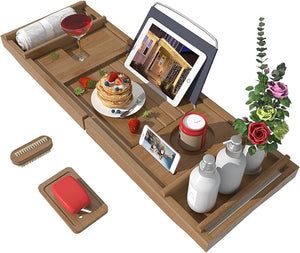 Bath Caddy Tray for Bathtub - Bamboo Adjustable Organizer Tray for Bathroom with Free Soap Dish Suitable for Luxury Spa or Reading(Walnut)