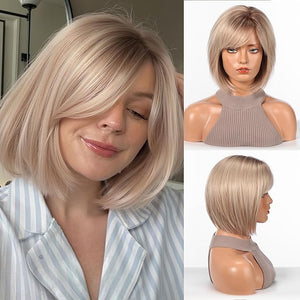 HAIRCUBE Bob Wigs for Women Short Synthetic Wig with Bangs Heat Resistant Natural Wig Light Blonde