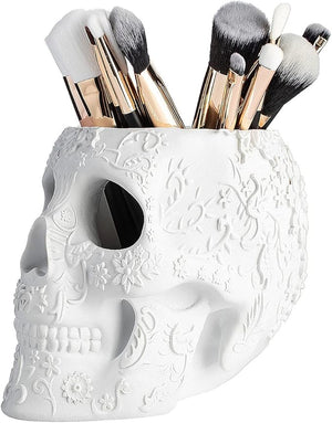 Skull Makeup Brush, Candy Bowl &amp; Pen Holder, Bowl, Spooky Goth Decorations, Extra Large, Strong Resin, Skeleton Skulls and Bones Organizer Bathroom Trick Or Treat Decor by Gute (White)