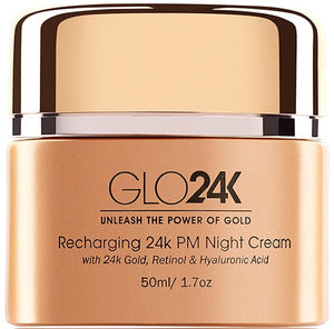 GLO24K Night Cream with 24k Gold Retinol Vitamins and Hyaluronic Acid. Optimally Hydrate your Skin while you sleep.
