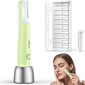 Dermaplane Razor for Women Face, WLU Rechargeable Face Dermaplaning Tool ? Peach Fuzz, Facial Hair &amp; Exfoliation Removal, Sonic Technology with LED Light, 3 Speeds &amp; 10 Blades (Green)