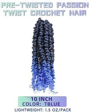 10 Inch 8 Packs Pre Looped Passion Twist Crochet Hair for Black Women and Kids-Ombre Blue, Super Soft Bouncy Synthetic Braided Hair Extensions(10 Inch-8 Packs,T1B/Blue)