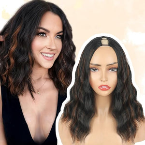 KRSI Highlight Brown Bob V Part Wigs Short Half Bob Wig for Black Women 16inch Synthetic U Part Wigs Thin Leave Out Full Head Clip in Hair Replacement