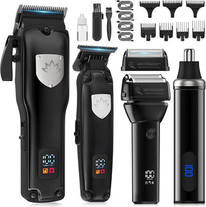 Karrte Professional Hair Clippers and Trimmer Set for Men T-Shaper Trimmer &amp Foil Shaver Nose &amp Ear Hair Trimmer Cordless Clippers and Grooming Set Hair Cutting Kit with LED Display Black